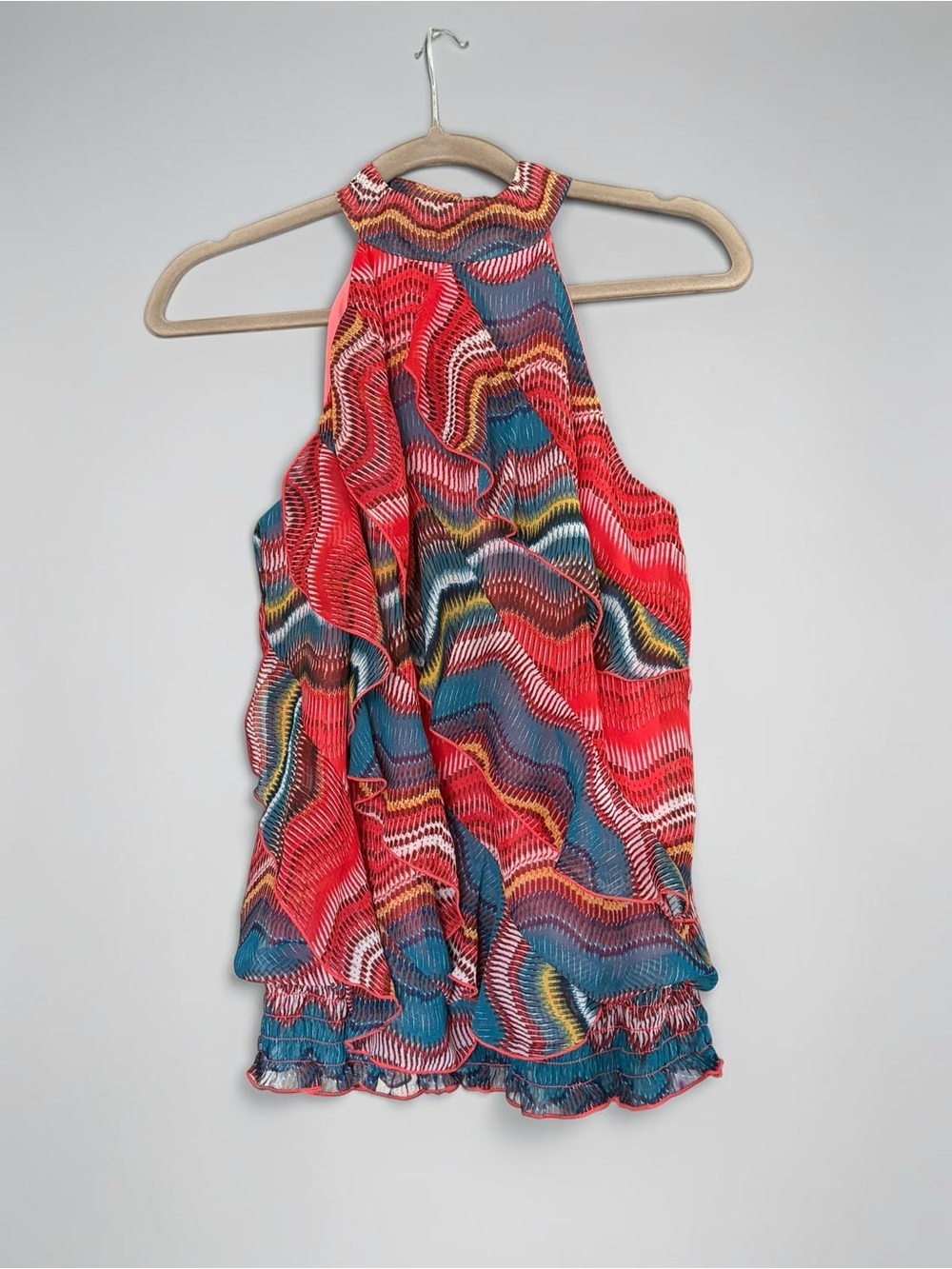Y2K Multicolor Halter Neck Ruffle Women’s Top - Red & Blue Wave Print Sz M
